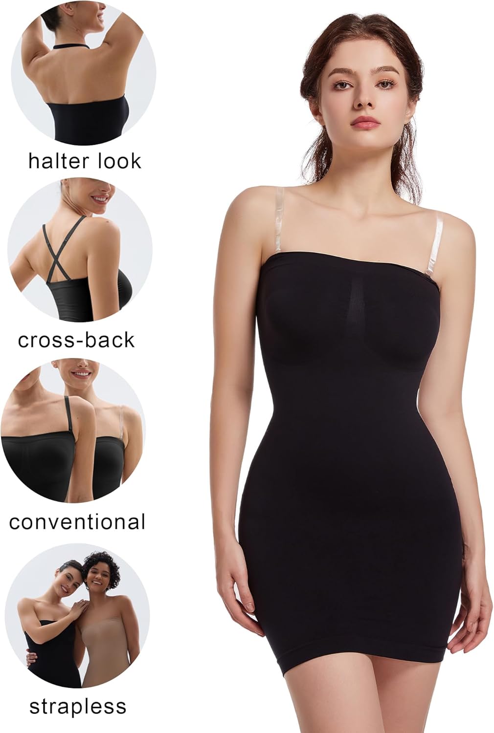SHAPERX Strapless Shapewear Dress for Women Tummy Control Seamless Full Body Shaper Slip with Removable Straps