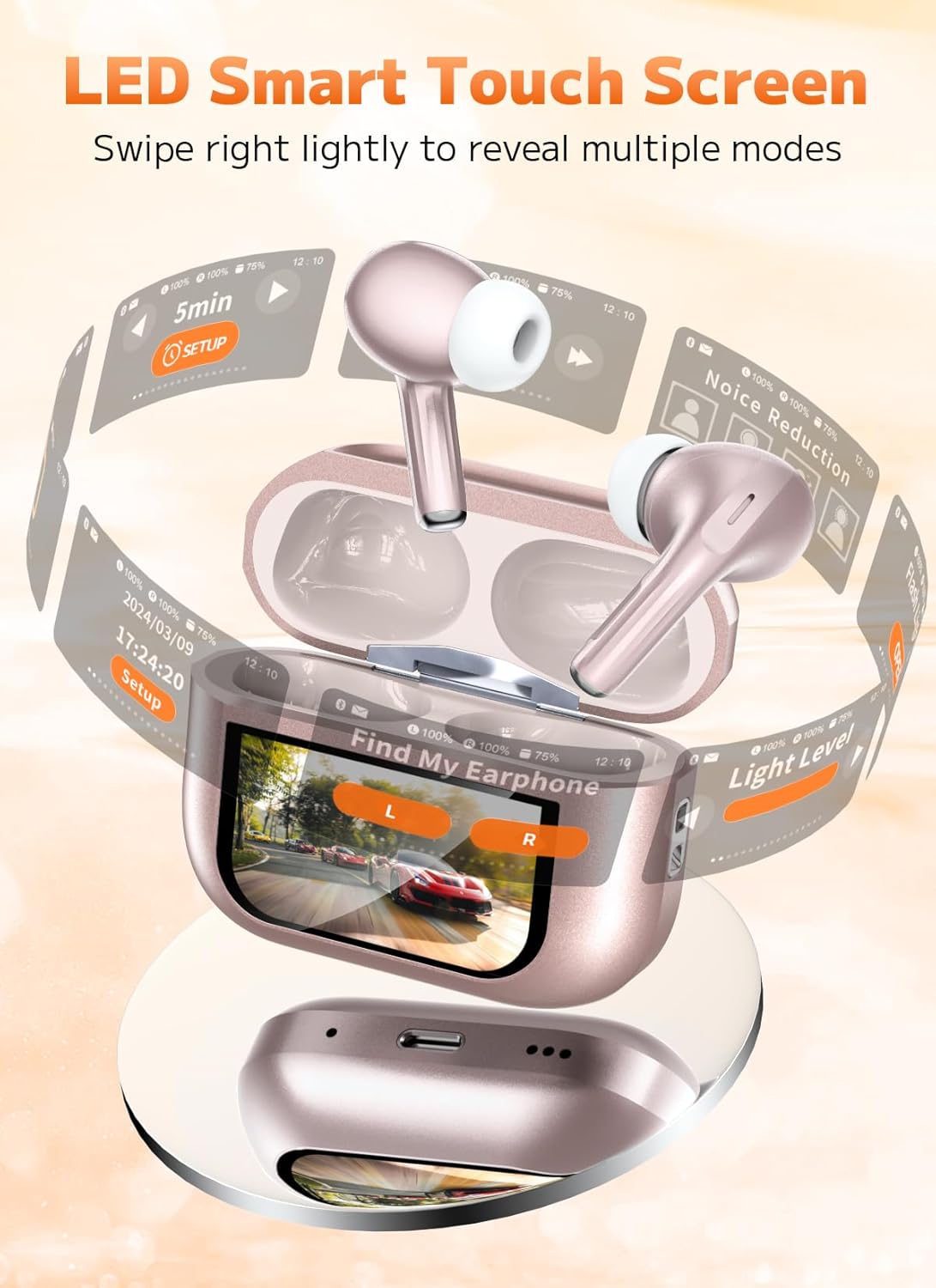 Wireless Earbuds, Bluetooth 5.4 Ear Buds with Multifunctional Touch Screen, ANC/ENC Noise Cancelling Headphones with 48H Playtime, Bass Stereo Sound, for Laptop, Android/iOS, Pad, Rose Gold