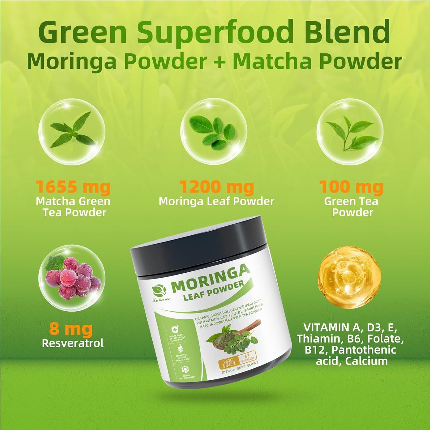 Organic Moringa Powder & Matcha Powder, Multi-Green Superfoods with Green Tea Resveratrol - Energy and Digestive Support, Rich in Antioxidants and Vitamin A D3 E B6 B12 Calcium, 5.64 oz 2 Pack