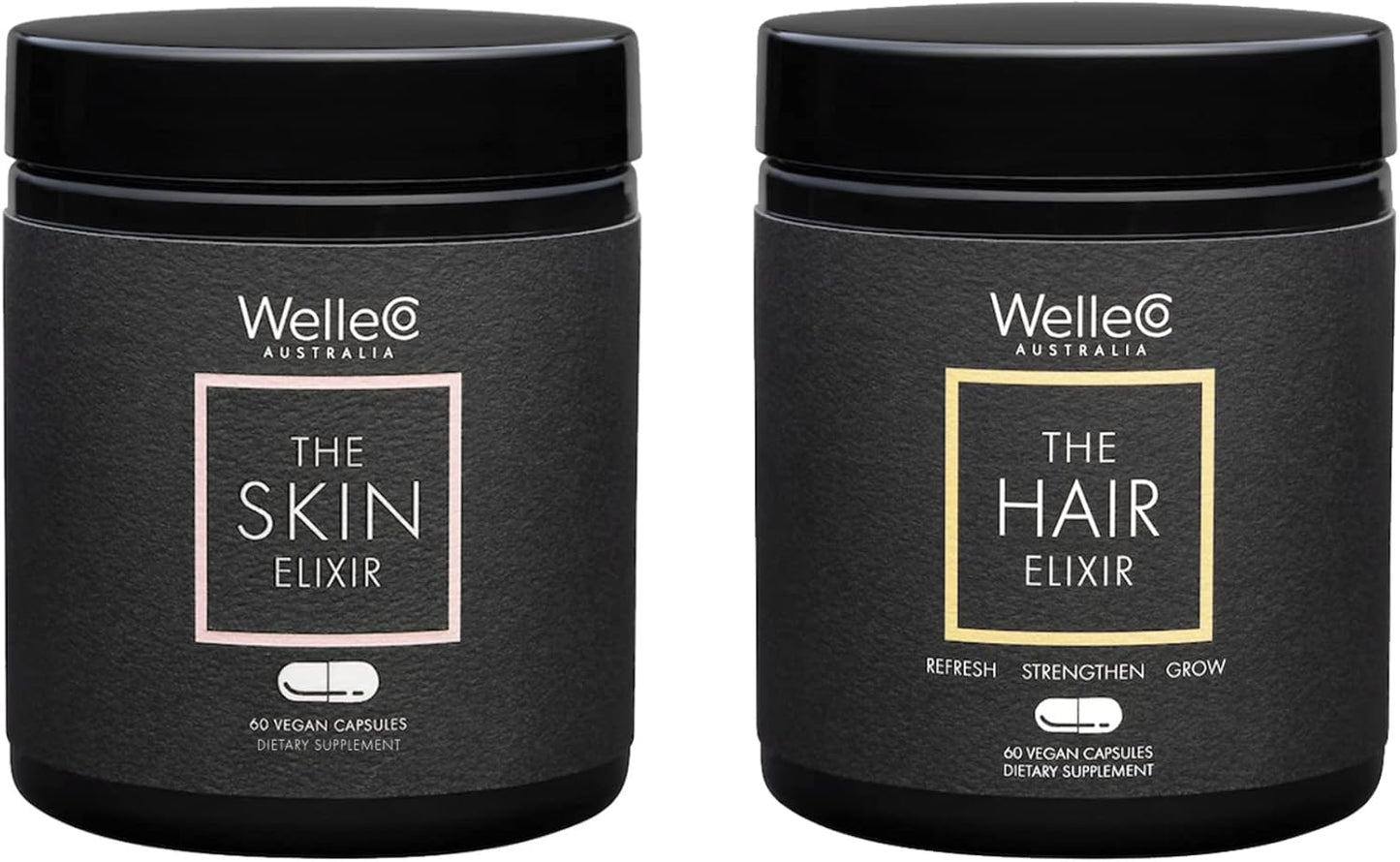 WelleCo, The Skin Elixir + The Hair Elixir, Vegan Beauty Supplements Bundle, Promotes Hair Growth & Reduces Breakage, Supports Healthy Skin & Collagen Formation, 60 Capsules Each