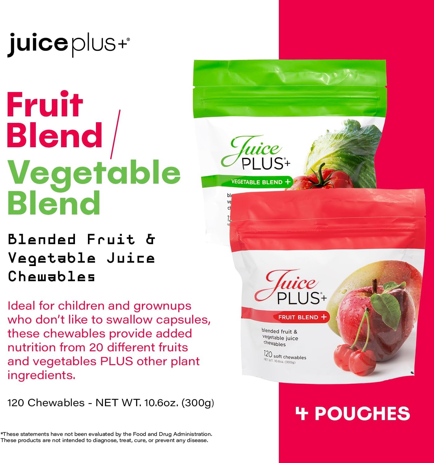 Juice Plus+ Fruit & Vegetable Blend Soft Chews - Tasty Vegan Fruit, Veggie Gummy Vitamins for Adults & Kids - 4 Month Supply 4 Packs (2 of Each Flavor)