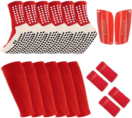 3 Pairs Mens Grip Soccer Socks, 3 Pairs Shin Sleeves with 1 Pack Shin Guards and 4 Shin Straps, Soccer Football Game Set 11 Pcs