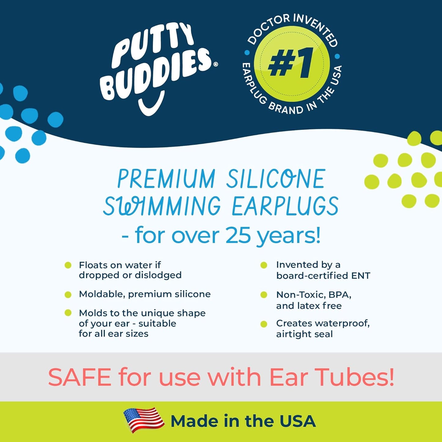 Earvolution Floating Putty Buddies Ear Plugs for Swimming - Invented by an Ear Physician - Moldable, Premium, Silicone - Floats on Water - Waterproof - Made in The USA - 3 Pack - Red/White/Blue