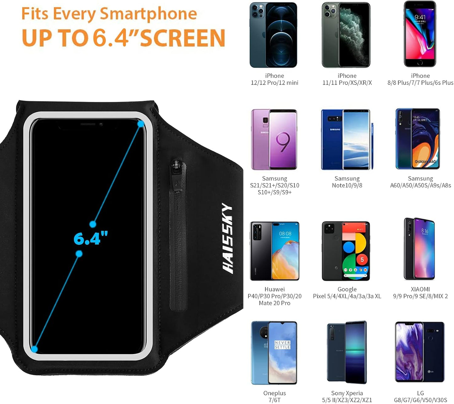 Running Armband with Earphone Bag Cell Phone Armband for iPhone 16/15/14/13/12 Pro, Galaxy S21/S20, Water Resistant Sports Phone Holder & Zipper Slot Car Key Holder for 6.4 inch Phone