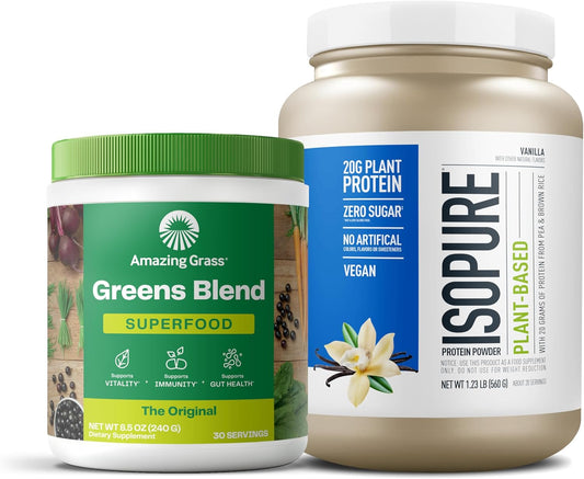 Bundle of Amazing Grass Greens Superfood Powder: Original, 30 Servings + Isopure Vanilla Vegan Protein Powder, Plant Based, Organic Pea Protein, Dairy Free, 20 Servings (Packaging May Vary)