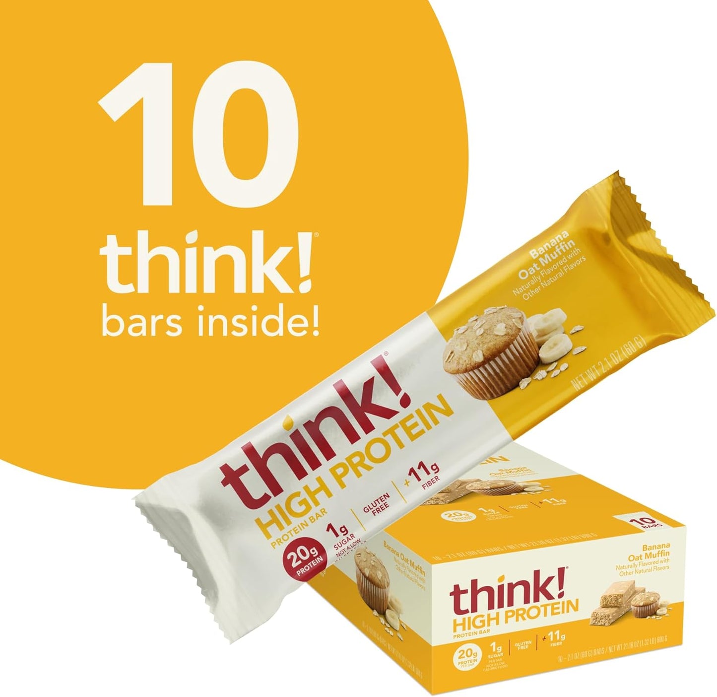 think! Protein Bars, High Protein Snacks, Gluten Free, High Fiber, Banana Oat Muffin, 10 Count