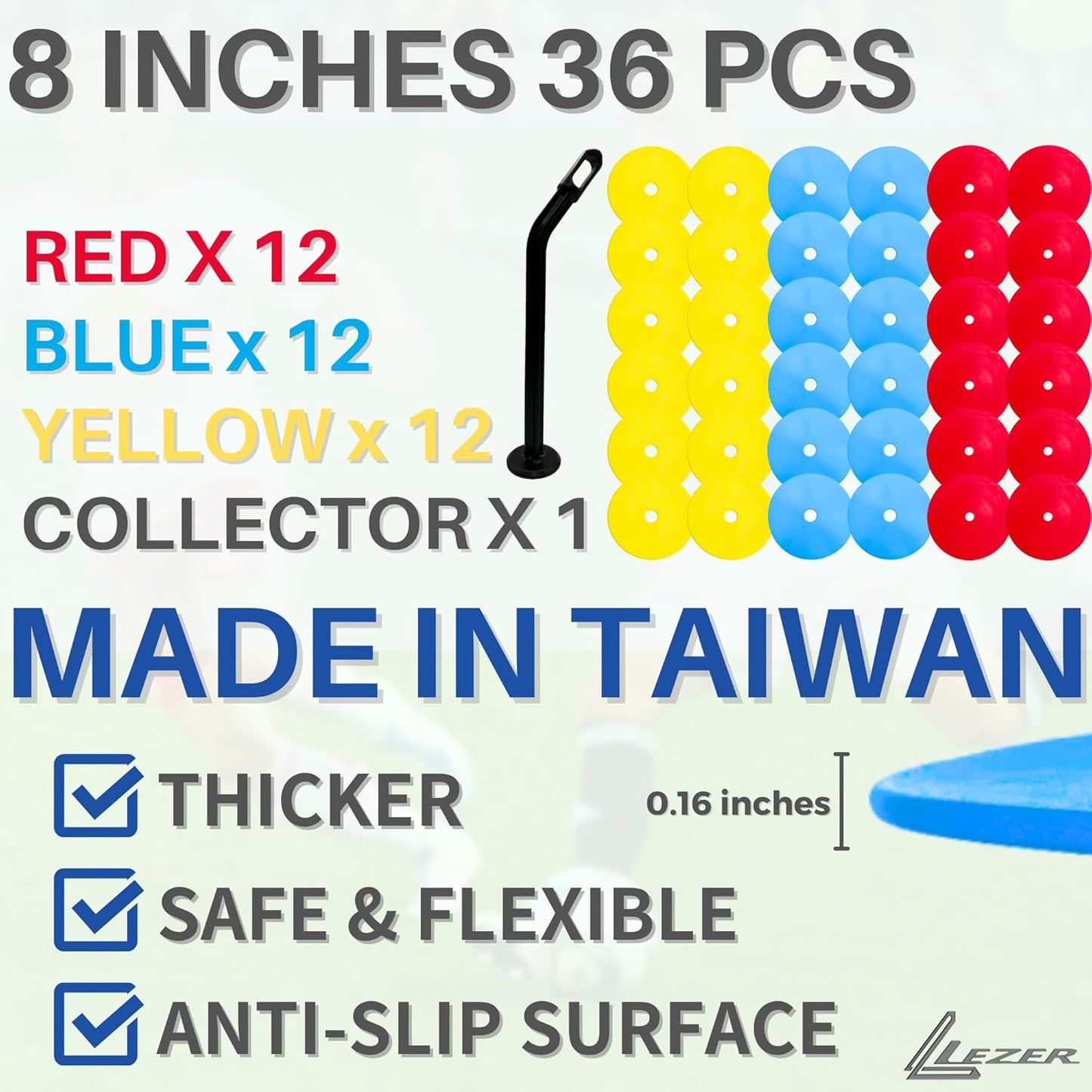 LEZER 6 Inch 8 Inch Flat Cones, Spot Markers, Soccer Cones, Field Court Markers, Sit Spots, Flat Discs, Soccer Training Equipment, Agility Practice, Football, Made in Taiwan
