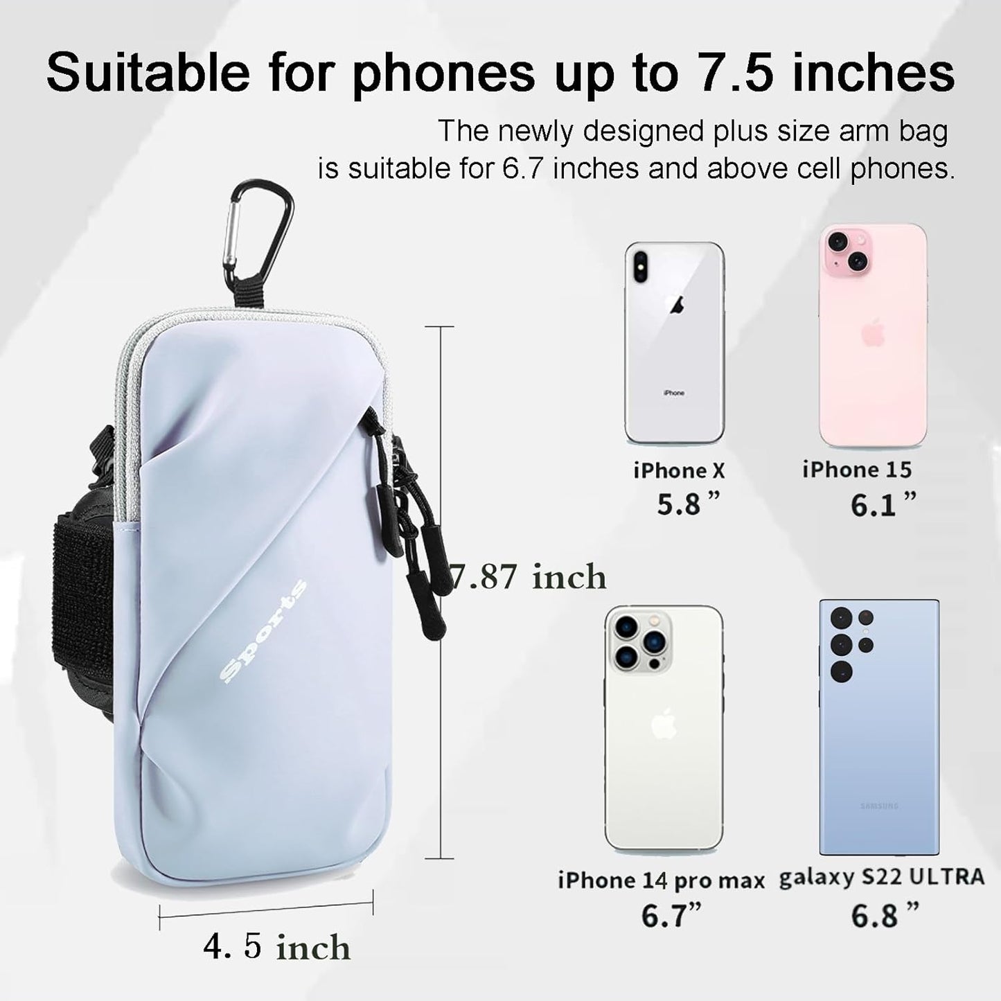 Phone Holder Arm Bands, Small Crossbody Shoulder Holsters Bag with Arm Band, Fits iPhone and All Cell Phones, Use for Running, Walking, Hiking & Biking (Plus Size Light Blue)