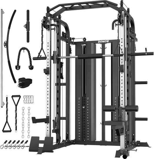 DONOW Smith Machine with Weight Stacks Power Cage Squat Rack Dual Cable Crossover Machine Home Gym Systems Station LAT Pull Down