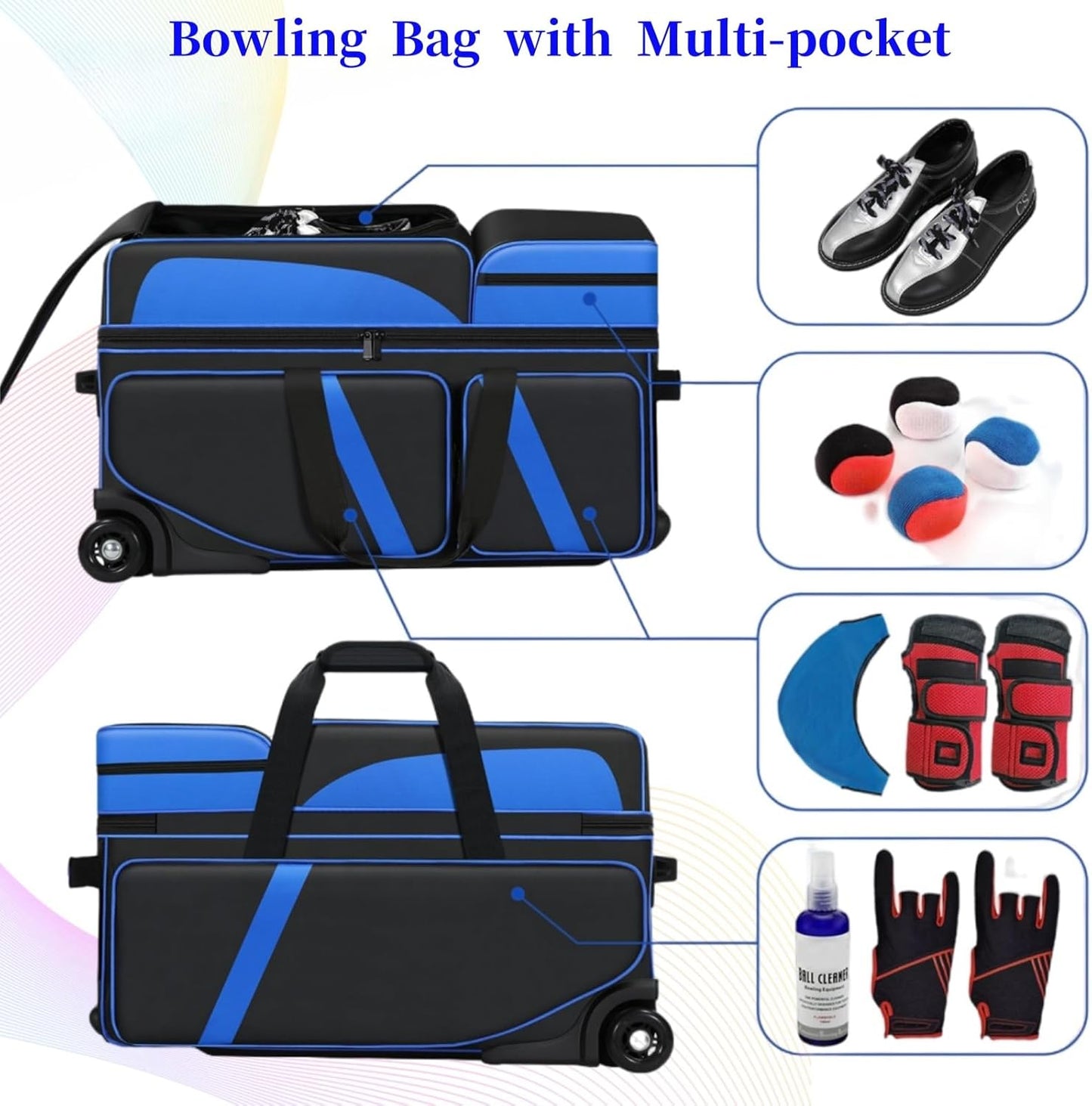 3 Ball Bowling Bags With Wheels,Bowling Bags 3 Ball Roller With Shoes Compartment And Multiple Pockets,3 Ball Bowling Bag has Retractable Handle Extends to 41.5 in