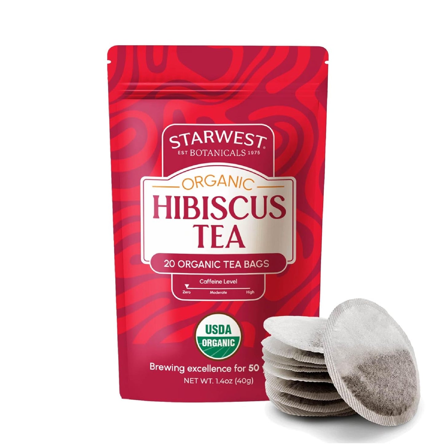 Starwest Botanicals Organic Hibiscus Tea - Caffeine Free Herbal Tea, Tea with Antioxidant Properties, String Free Sachets, USDA Organic Hibiscus Flower, Non GMO - 20 Tea Bags