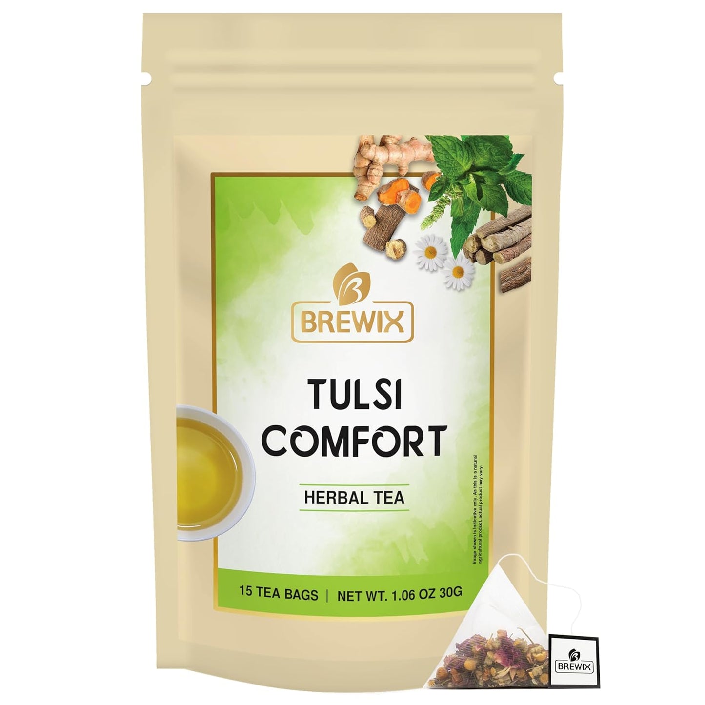 BREWIX Holy Basil Tea Bags (15 Pyramid Tea Bags) | Tee With Tulsi Leaves and Chamomile | Caffeine Free, Calming Herbal Tea With Fresh and Cool Flavor