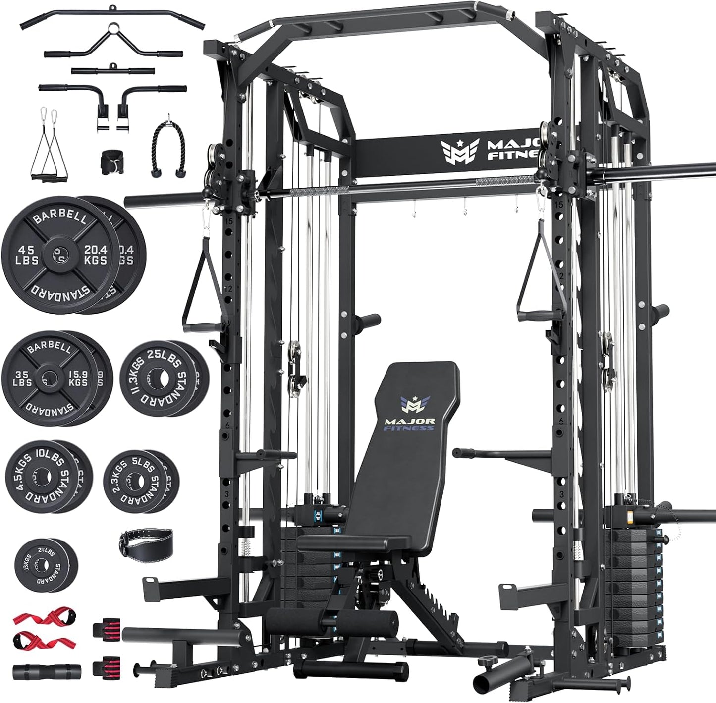 Major Fitness Drone2 Advanced Training Smith Machines– All-in-One Home Gym Squat Rack with Aluminum Pulley Set , Weight Bar, Dual LAT Pull-Down Systems & Cable Crossover Machine for Full-Body Workouts