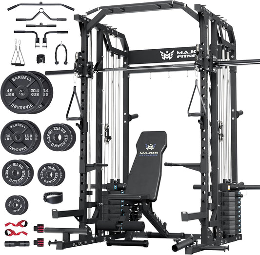 Major Fitness Drone2 Advanced Training Smith Machines– All-in-One Home Gym Squat Rack with Aluminum Pulley Set , Weight Bar, Dual LAT Pull-Down Systems & Cable Crossover Machine for Full-Body Workouts
