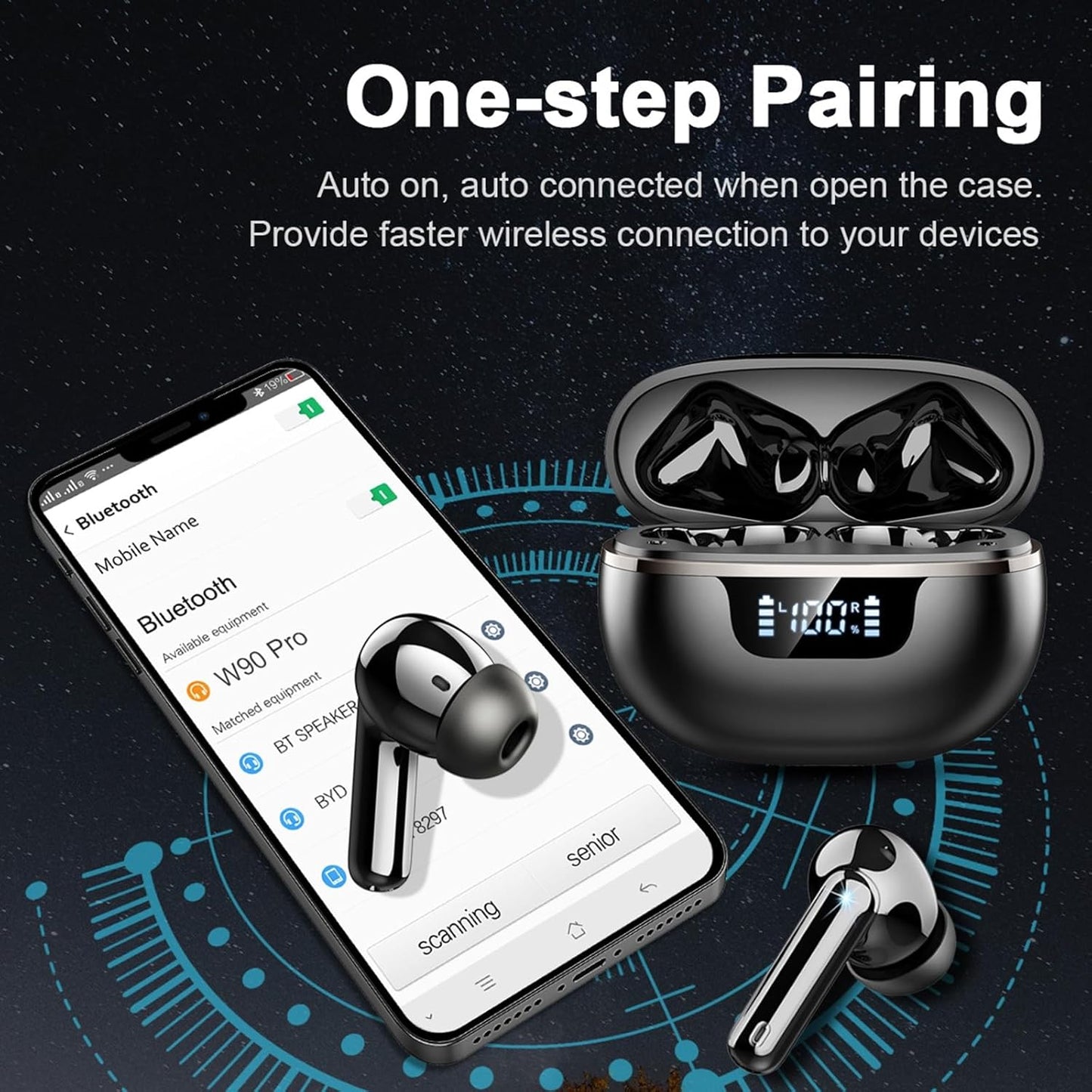 Wireless Earbuds, Bluetooth 5.4 Headphones Deep Bass Stereo, in-Ear Earphones with 4 ENC Mics, 40H Playtime LED Display Mini Charging Case Ear Buds, IP7 Waterproof Wireless Headphones for Android iOS