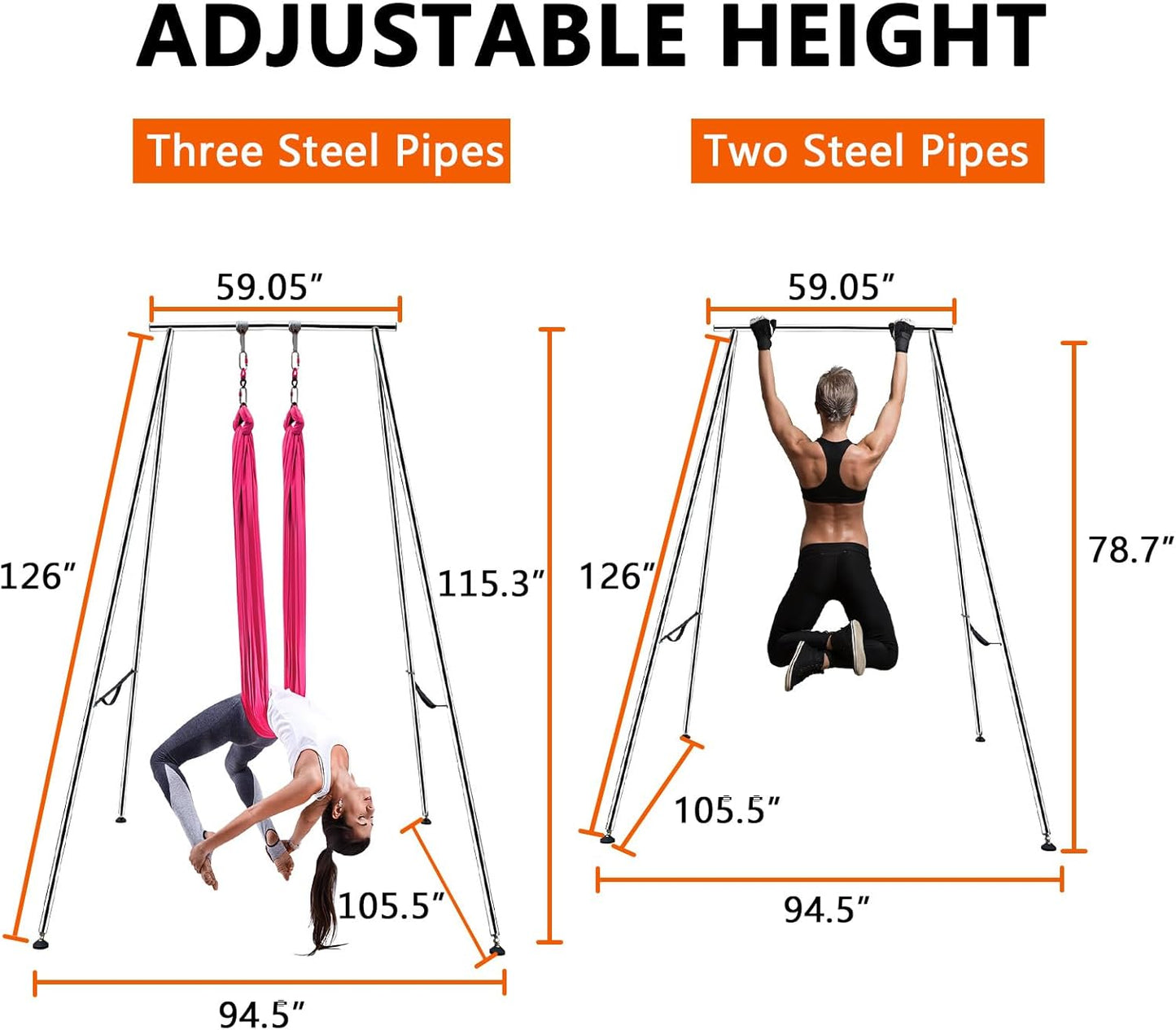 TECSPEC 9.6 FT/115.3 Inch Adjustable Height Aerial Yoga Frame & Hammock, Professional Swing Stand with 18 FT/33FT Aerial Silk, 550lbs Max Capacity