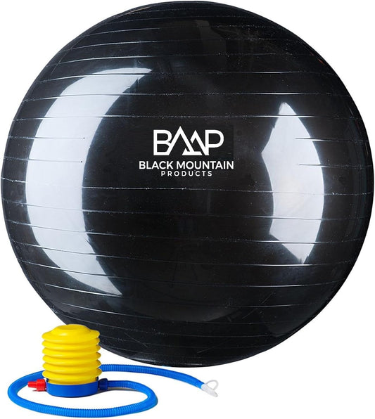 Black Mountain Products Exercise Stability Yoga Ball, Foot Pump, Ball Plug, Plug Puller, 2000 Lbs Static Weight Capacity Antiburst