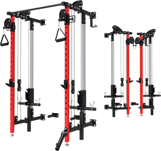 Folding Power Rack, Wall Mounted Squat Rack with Dual Independent Pulley System, Multi-Function Power Cage with 5 Adjustable Function Modes, Power Rack Trainer for Space Saving Home Gym