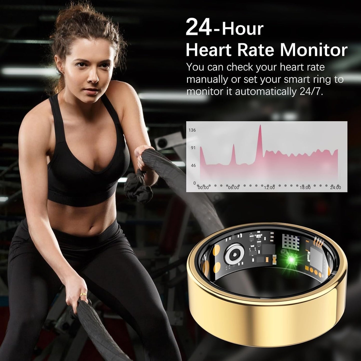 Ring Health Tracker for Women Men, Fitness Tracker with Heart Rate, Blood Oxygen, Sleep Monitor, Calories, Step Counter, IP68 Waterproof Smart Ring for iPhone & Android, No Subscription Fee (Gold, 9#)