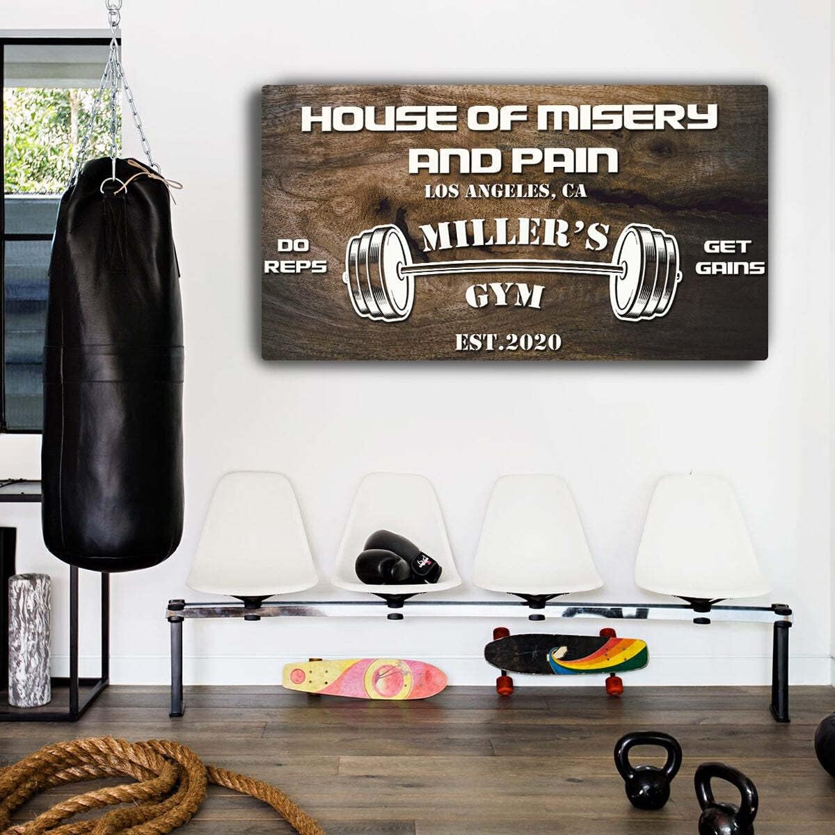 Tailored Canvases Personalized Gym Sign Wall Art Decor - Motivational Canvas for Home Gym, Workout Room, Garage, Fitness Center - Workout Inspirational Posters - House of Misery and Pain, Wooden 60x30in
