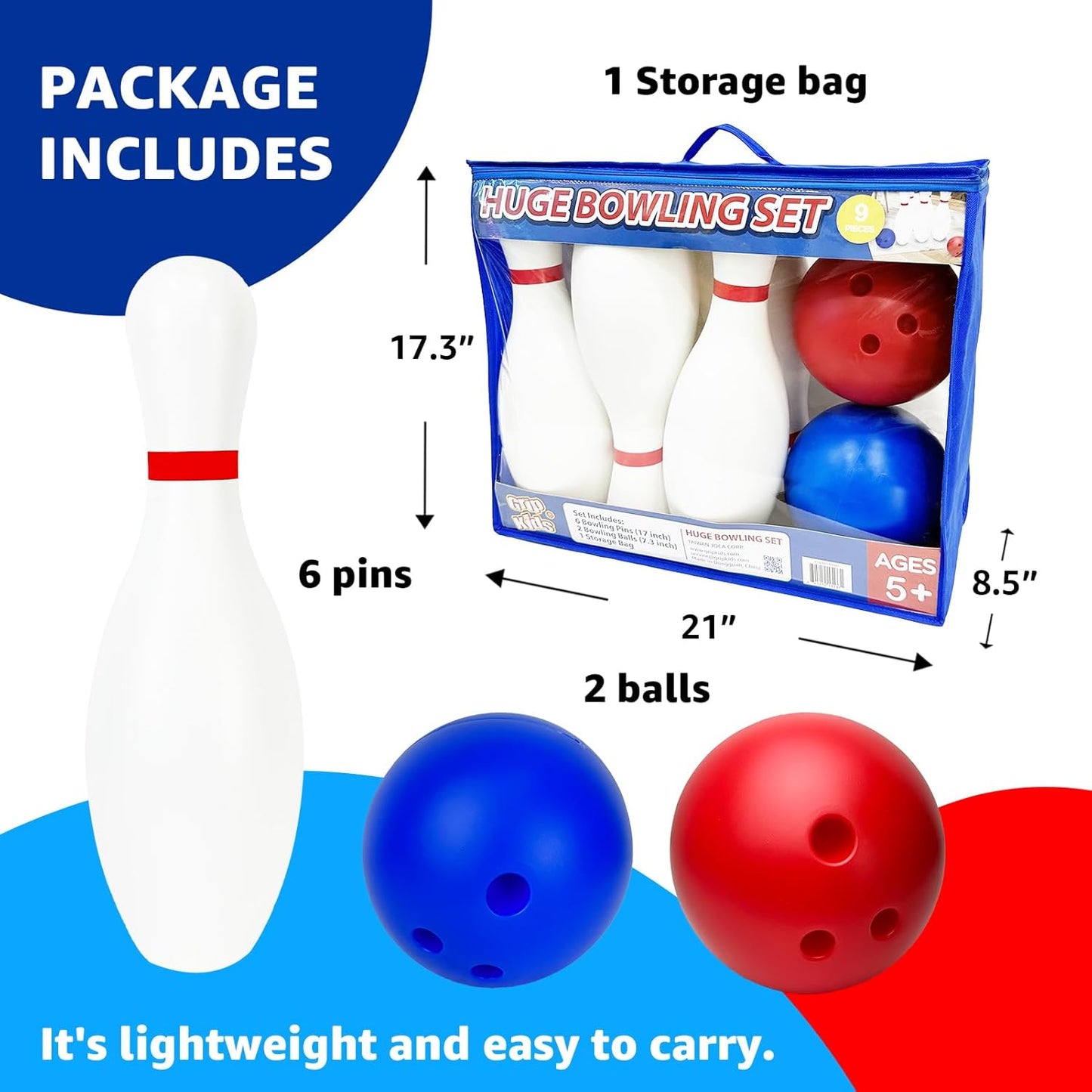 17 inch Huge Bowling 6 pins Set with Storage Bag - Outdoor & Indoor Play Toys, Backyard Games Kids Activities, Family Party, Birthday for Toddlers Ages 5 6 7 8 Year Old - Amazon Exclusive