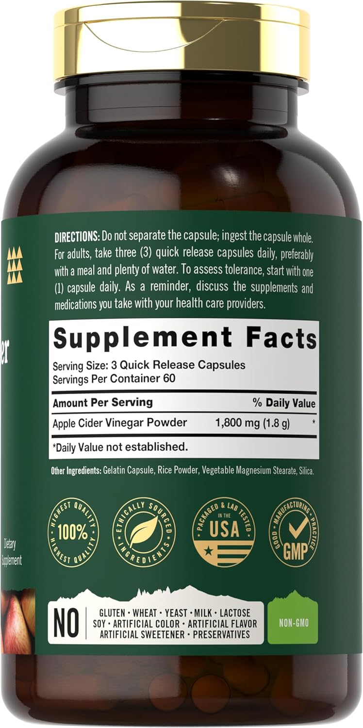 Tahoe Nutritionals Apple Cider Vinegar Capsules | 1800mg | 180 Count | Non-GMO, Gluten-Free Supplement