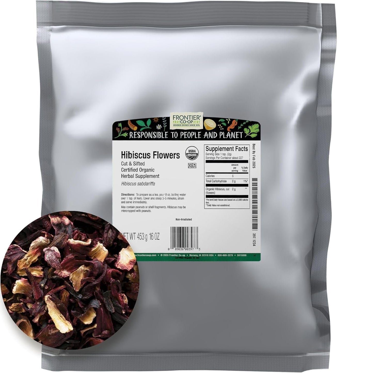 Frontier Co-op Organic Hibiscus Flowers, 16 Ounce, Sun Dried Bright Red Color, Fruity Flavor, Non Irradiated, Non ETO, Kosher