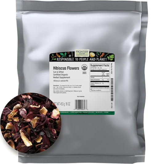 Frontier Co-op Organic Hibiscus Flowers, 16 Ounce, Sun Dried Bright Red Color, Fruity Flavor, Non Irradiated, Non ETO, Kosher