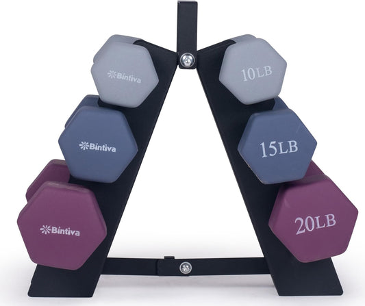 Dumbbell Set with Rack - Neoprene Coated Weights with Stand - Hex Color Coded Dumbell Pairs 1-20 LBs