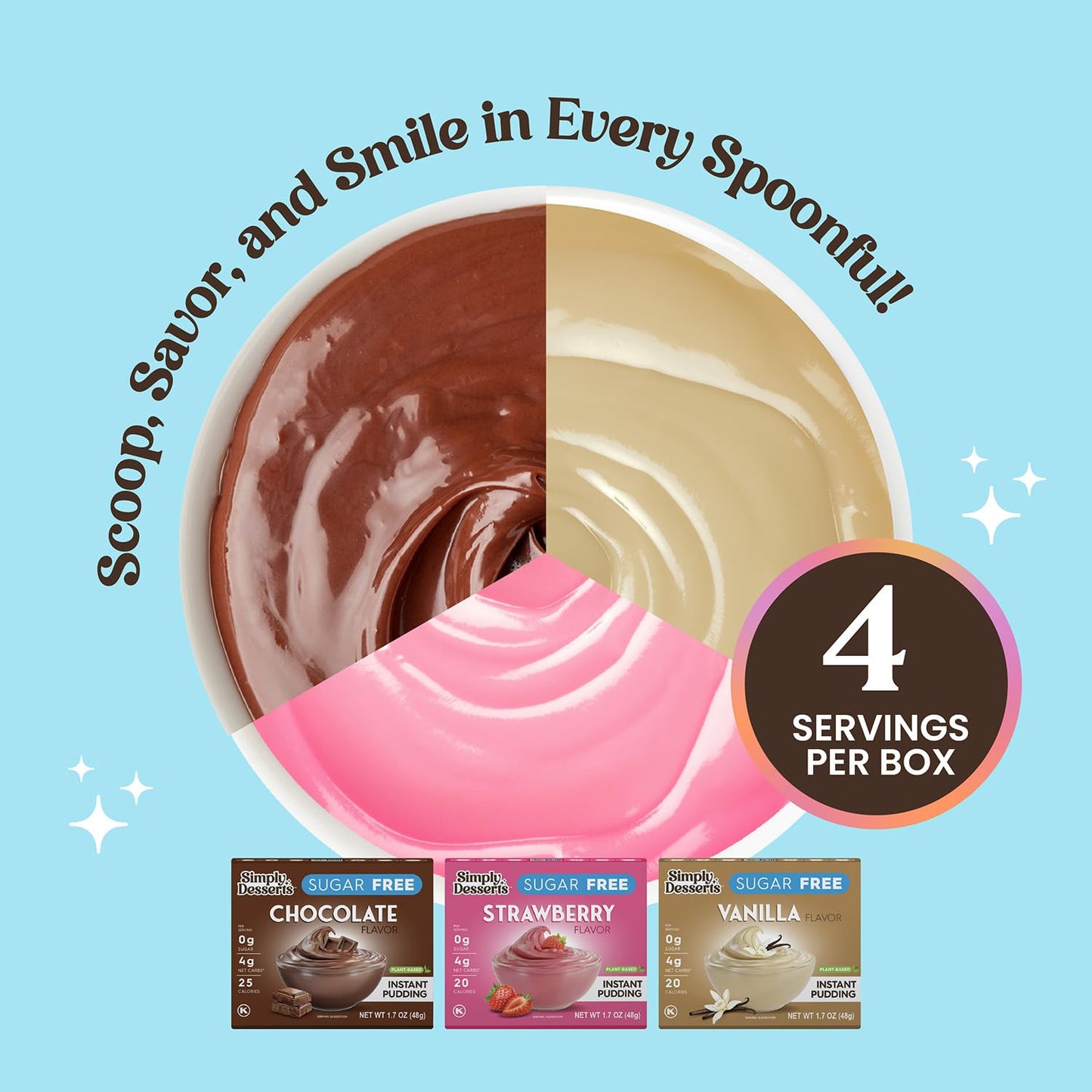 Simply Desserts Vanilla, Strawberry & Chocolate Instant Pudding, Sugar-Free, Variety 6-Pack – Healthy Dessert, Keto Snacks, Vegan & Diabetic-Friendly, Kosher, 1.7 Oz Ea