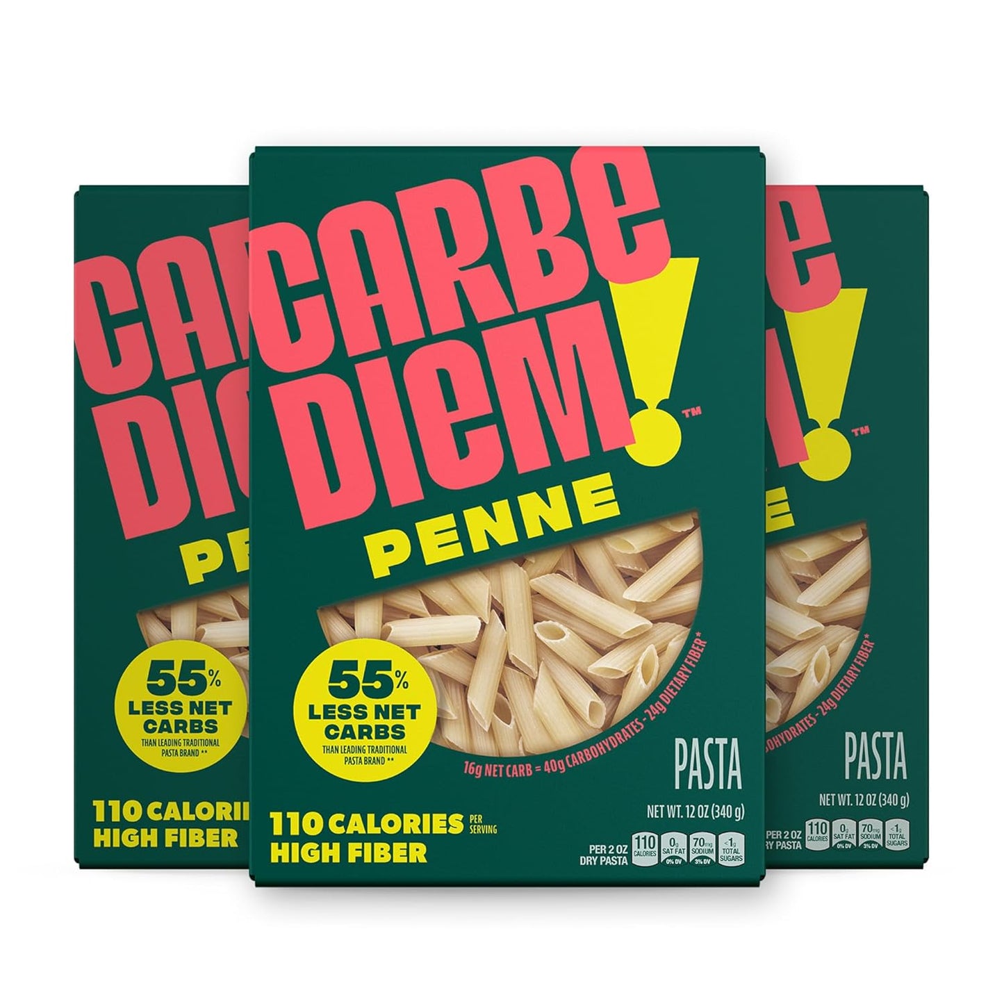Carbe Diem!, Penne, Lower Net Carb Pasta with Traditional Flavor & Texture, 55% Fewer Net Carbs & Only 110 Calories Per Serving, Pack of 3