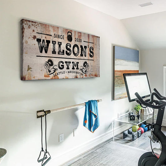 TAILORED CANVASES Personalized Gym Sign Wall Art Decor - Motivational Canvas s for Home Gym, Workout Room, Garage, Fitness Center - Workout Inspirational Posters - Kettlebell on Rustic, 36x12in