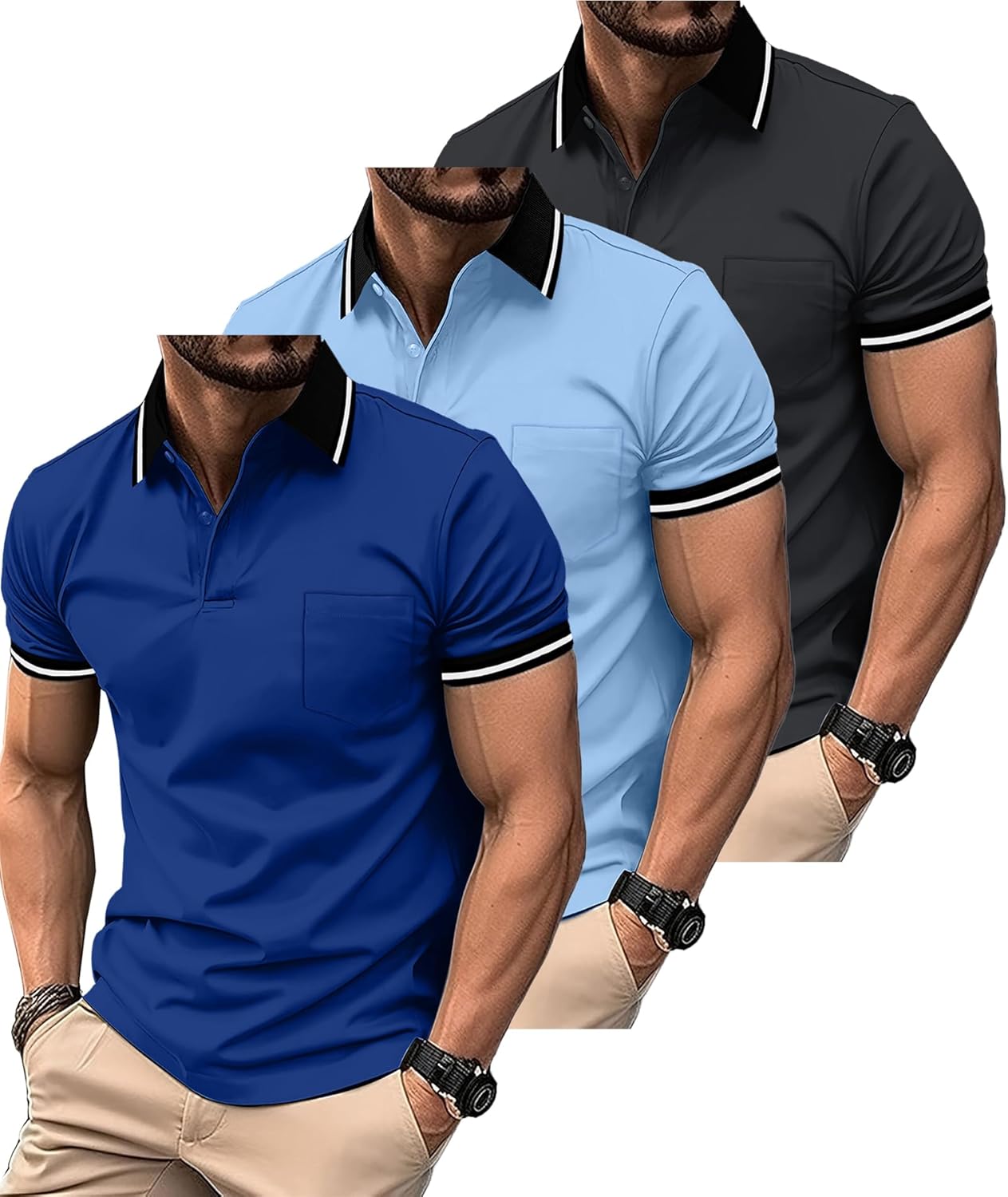 ZITY 3 Pack Men Polo Shirts Short Sleeve with Pocket Sport Wicking Shirts for Men Casual Athletic Collared T-Shirts