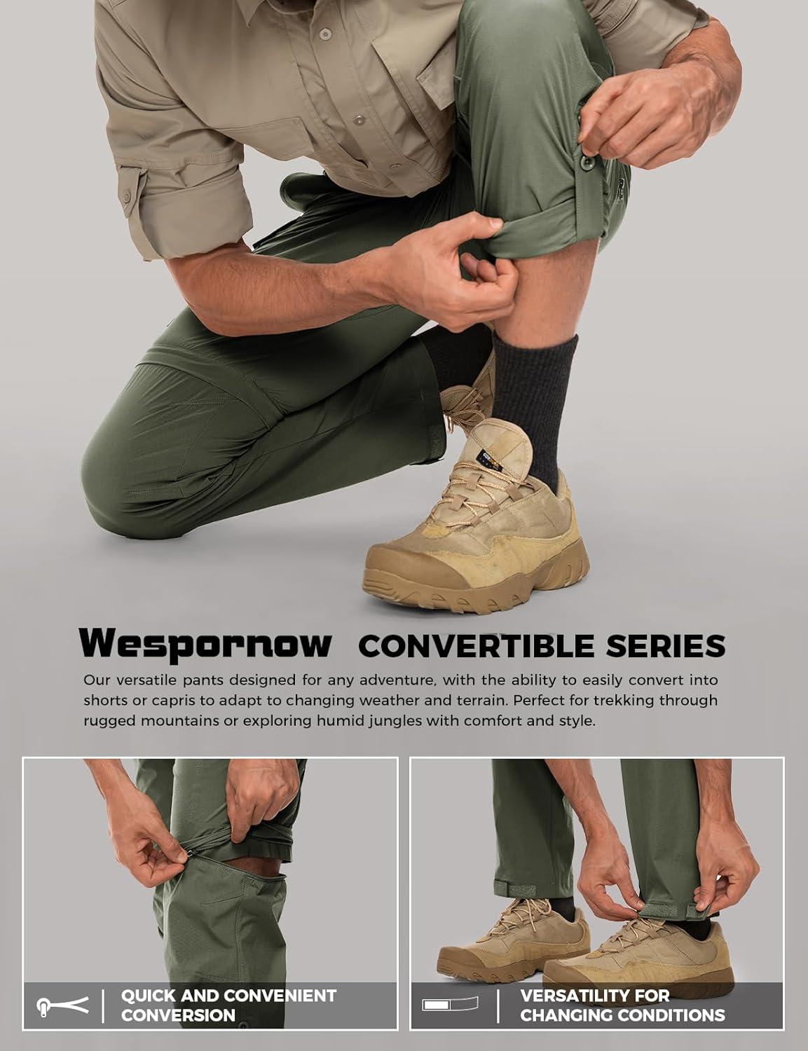 Wespornow Men's-Convertible-Hiking-Pants Quick Dry Lightweight Zip Off Breathable Cargo Pants for Outdoor, Fishing, Safari