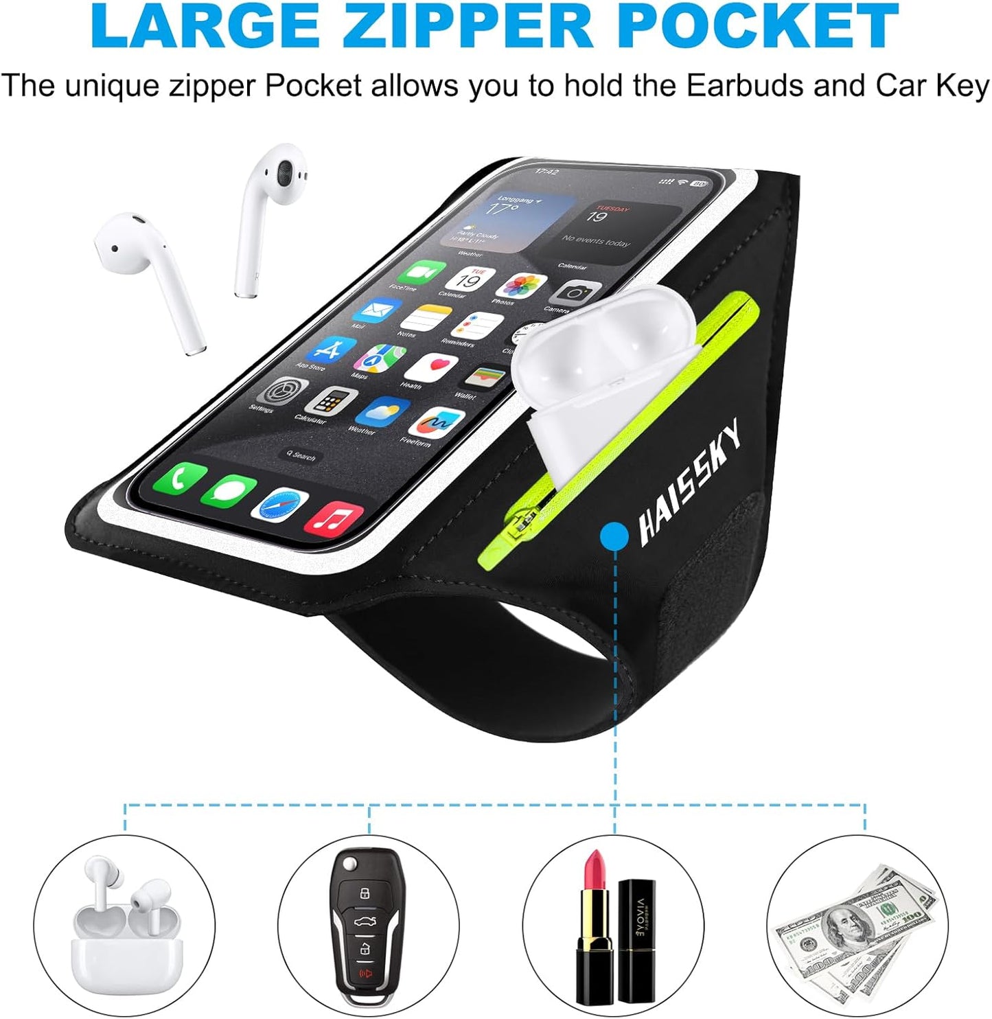 Cell Phone Running Armband with Zipper Pocket Armband Case Running Holder for iPhone 16 Pro Max/15/14 Pro Max/13/12 /11 Pro Max/XS/XR,Galaxy S20 S10,Sweatproof Arm Band with Card/Key Bag