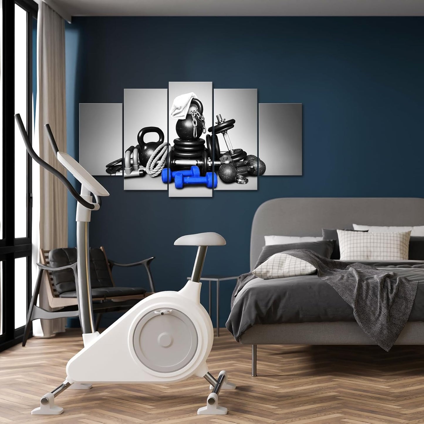 KREATIVE ARTS Large 5 Panel Wall Art Fitness Equipment Canvas Prints Black and Blue Gym Pictures for Boys Men Bedroom Artwork Painting Home Decor Sportsman Gifts Decoration