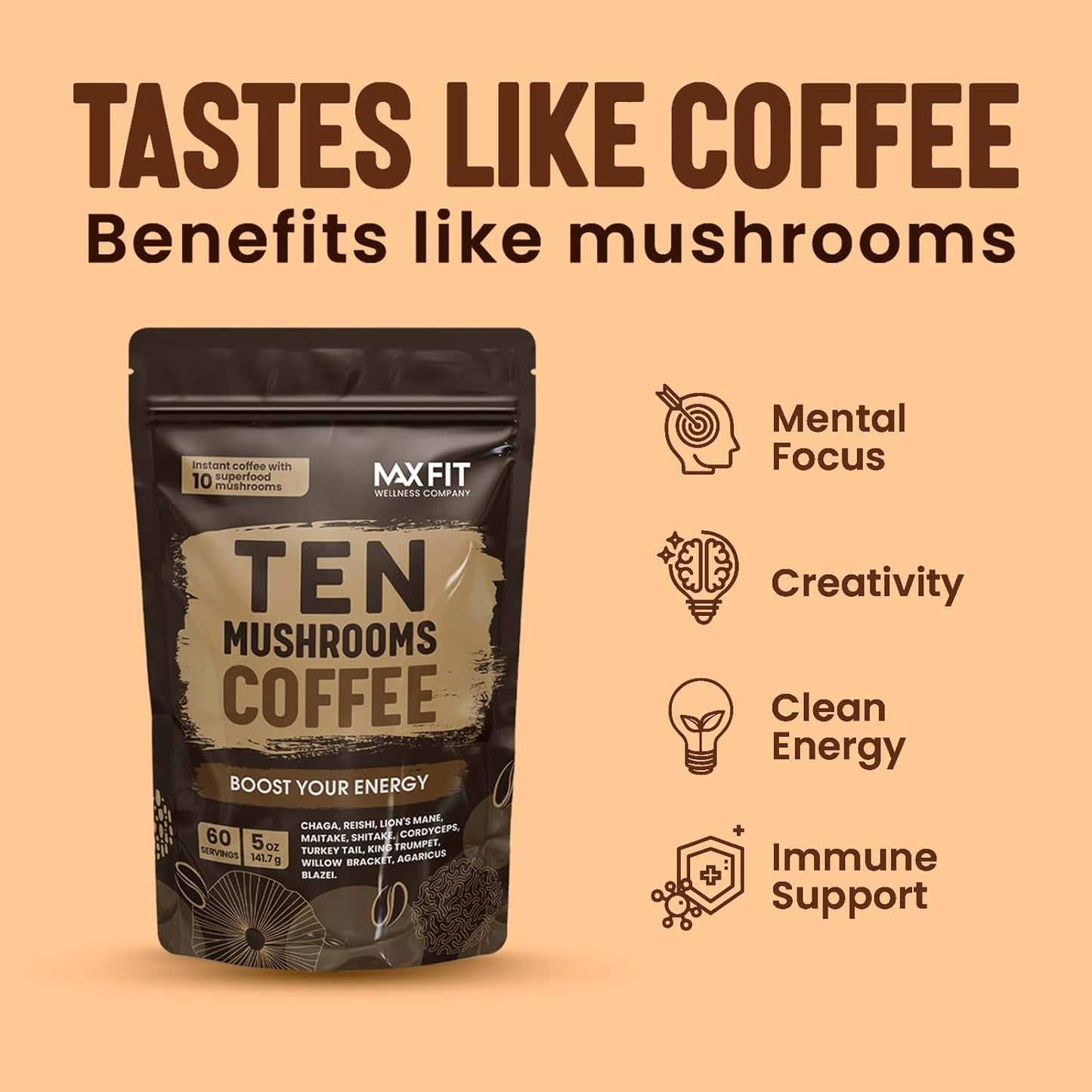 Mushroom Coffee (60 Servings) 10 Mushrooms (Lion’s Mane, Cordyceps, Turkey Tail & Other) Mixed With Gourmet Arabica Instant Immune Boosting Coffee for Focus & Gut Health Support