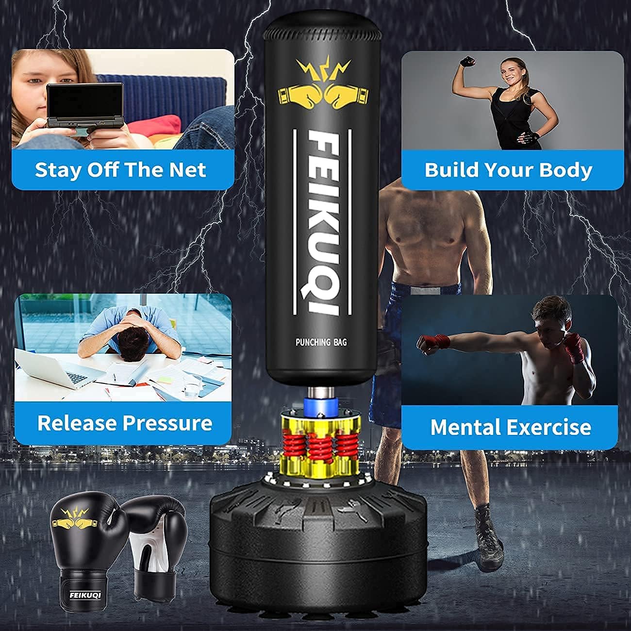 Punching Bag for Adults, Boxing Bag with Stand 70''-205lbs Freestanding Punching Bag for Adults - Kickboxing Bag for Home Gym Office