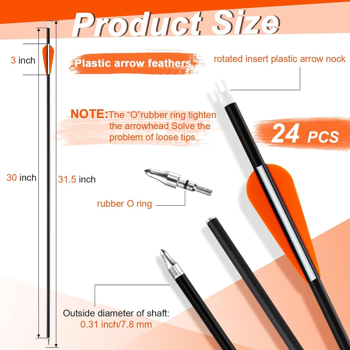 24 Pcs 31.5 Inch Arrows for Compound Bow Hunting Arrows Carbon Arrows with 3 Inch Plastic Arrow Feathers and Removable Tips 500-600 Spine Archery Target Arrows for Recurve Bow