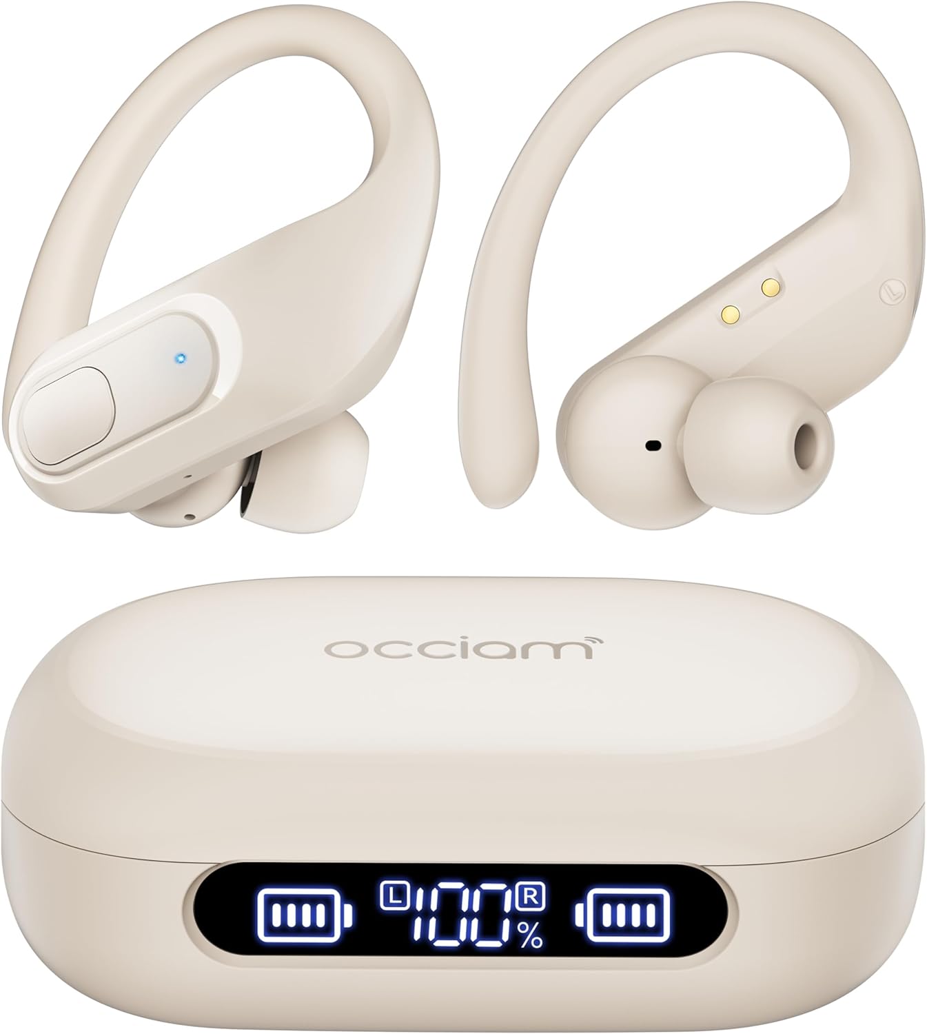 occiam Wireless Earbuds Bluetooth Headphones Ear Buds 96Hrs Playback Sport Over-Ear Waterproof Wireless Headphones Earphones with Earhooks ENC Mics Clear Call for Sport Running Workout (Ivory)