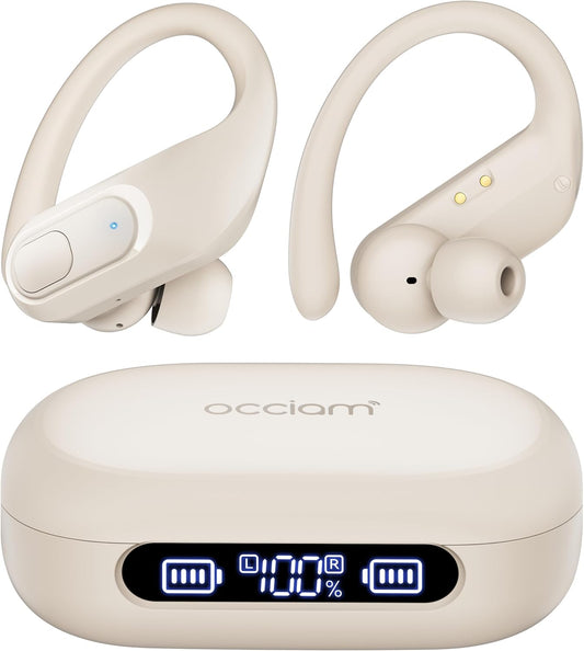 occiam Wireless Earbuds Bluetooth Headphones Ear Buds 96Hrs Playback Sport Over-Ear Waterproof Wireless Headphones Earphones with Earhooks ENC Mics Clear Call for Sport Running Workout (Ivory)