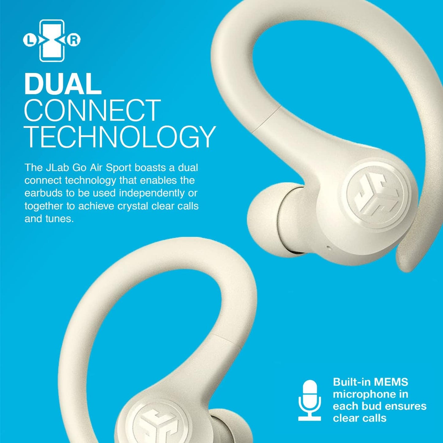 JLab Go Air Sport, Wireless Workout Earbuds Featuring C3 Clear Calling, Secure Earhook Sport Design, 32+ Hour Bluetooth Playtime, and 3 EQ Sound Settings (Sand)