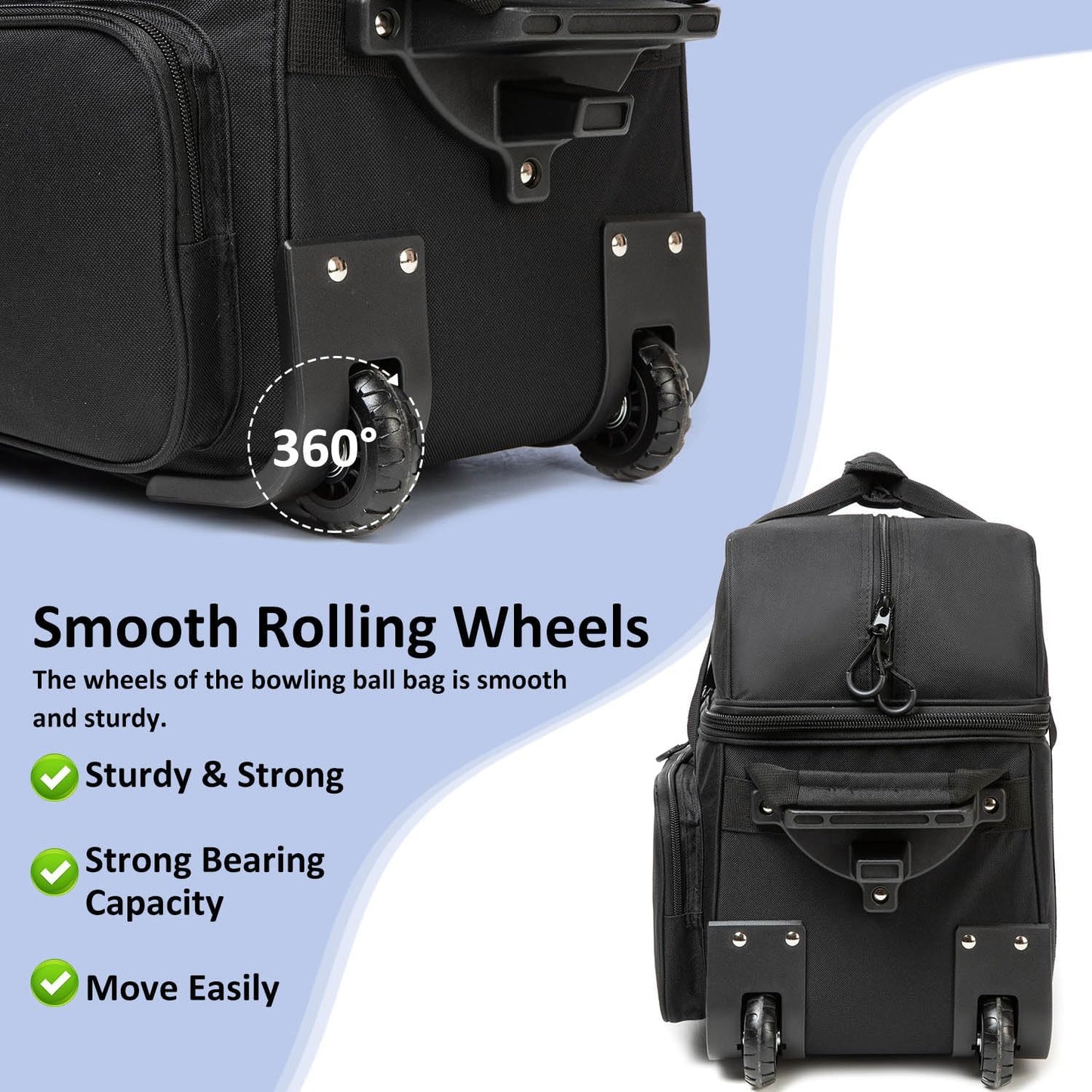 Bowling Bag with Wheels Double Roller 2 Ball Bowling Separate Shoe Compartment and Oversized Accessory Pocket, 36.6" Extendable Handle.