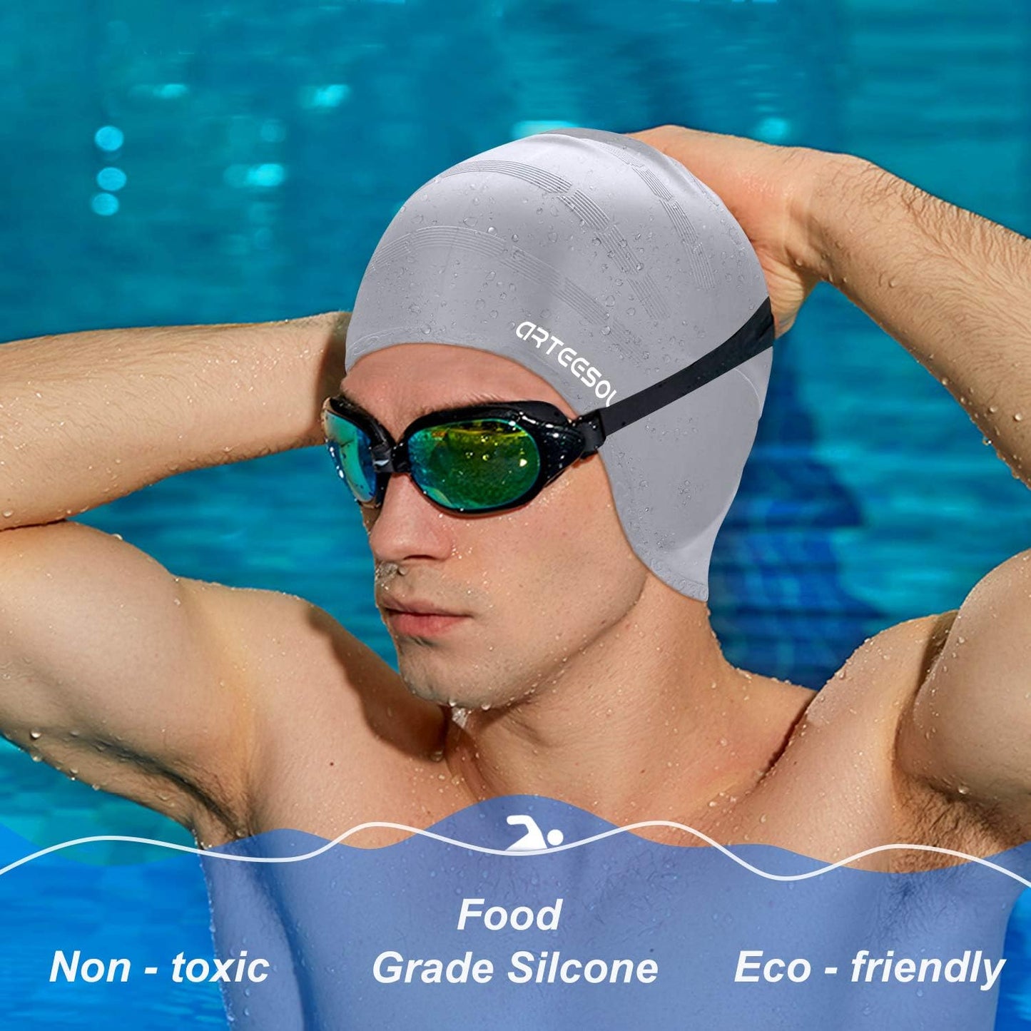 Swimming Cap, Silicone Swim Cap for Women Men, Durable Non-Slip Waterproof Swim Cap Protect Ears, Long Hair for Adults, Older Kids