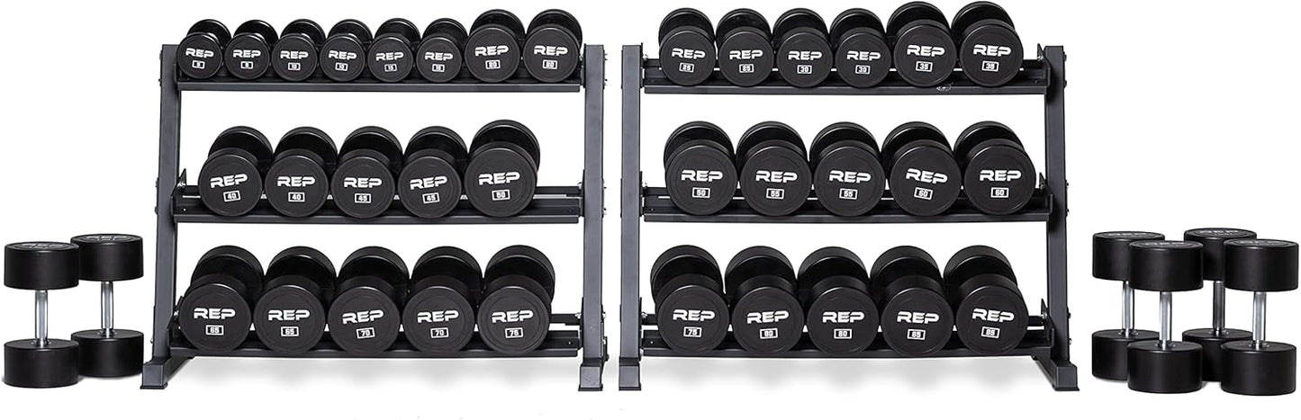 REP Fitness Urethane Coated Round Dumbbells, 5 to 100 lbs, Singles or Pairs, With or Without Rack, Steel Core, Rubber Encased, Chrome Handles, Professional Weights for Home Gym Strength Training