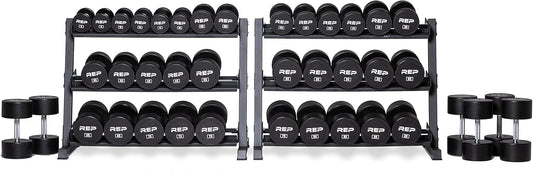 REP Fitness Urethane Coated Round Dumbbells, 5 to 100 lbs, Singles or Pairs, With or Without Rack, Steel Core, Rubber Encased, Chrome Handles, Professional Weights for Home Gym Strength Training