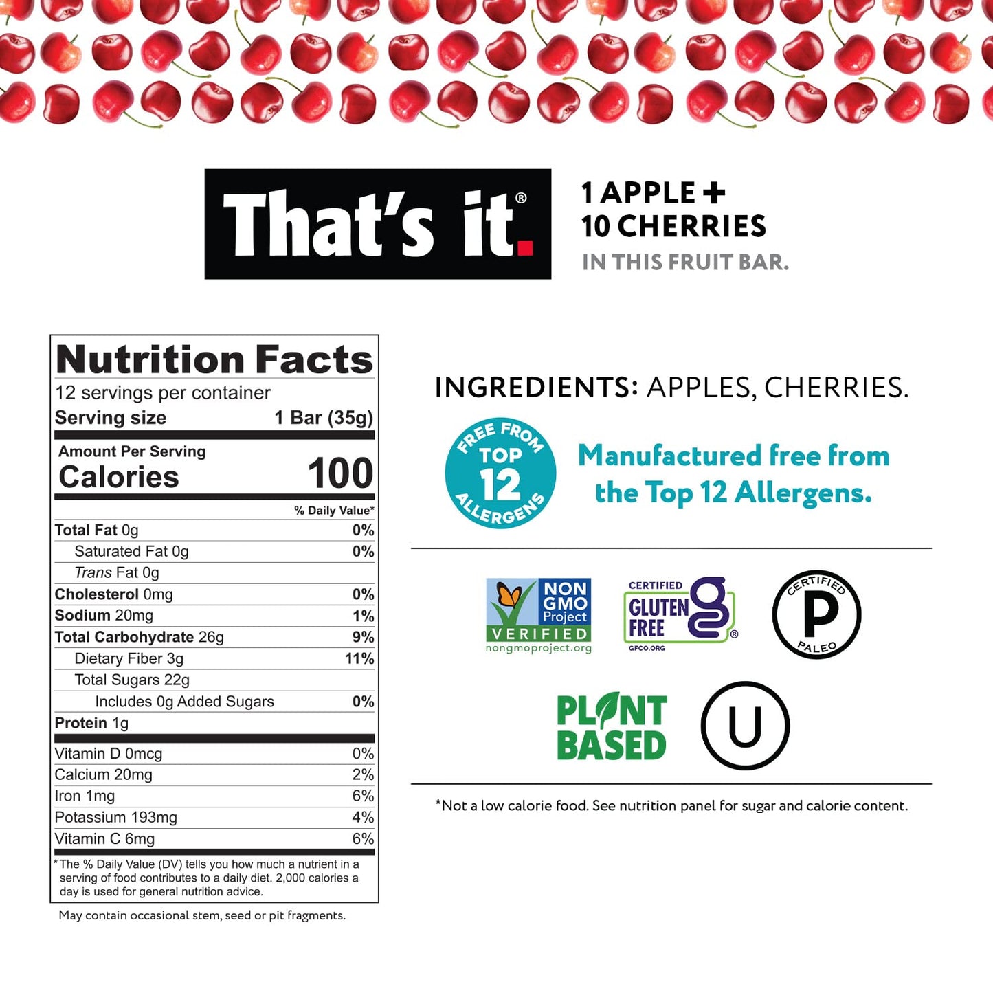 That's it. Apple + Cherry 100% Natural Real Fruit Bar, Best High Fiber Vegan, Gluten Free Healthy Snack, Paleo for Children & Adults, Non GMO No Sugar Added, No Preservatives Energy Food (12 Pack)