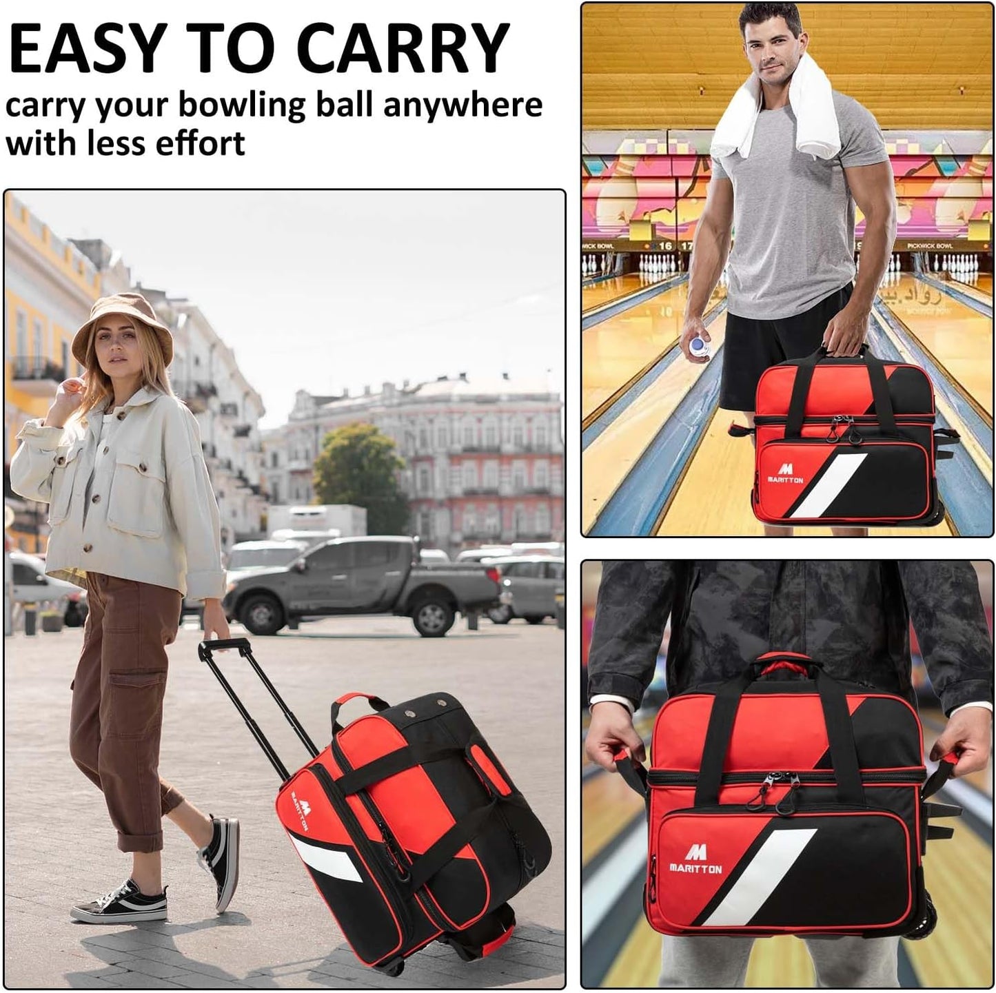 Bowling Bag with Wheels Double Roller 2 Ball Bowling Separate Shoe Compartment and Oversized Accessory Pocket, 36.6" Extendable Handle.