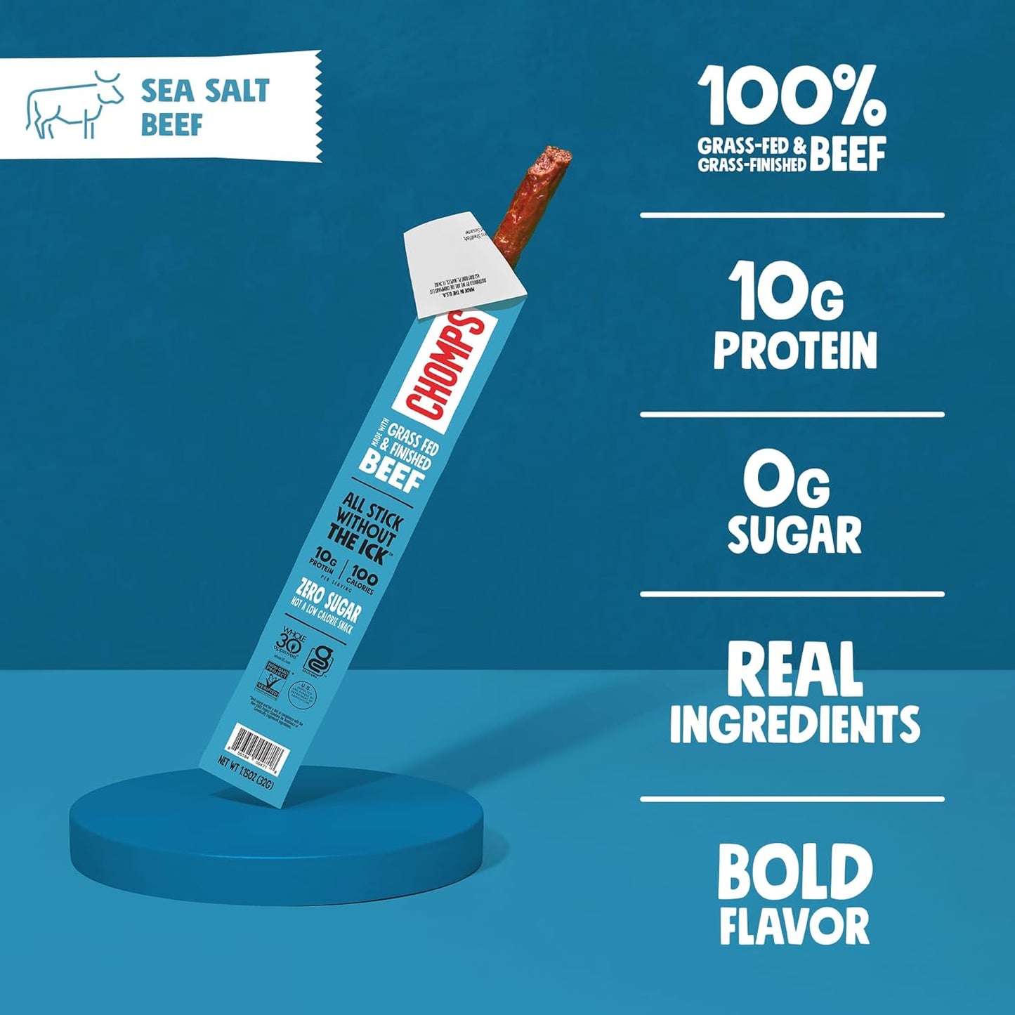 Chomps Grass-Fed and Finished Sea Salt Beef Jerky Snack Sticks 10-Pack - Keto, Paleo, Whole30, 10g Lean Meat Protein, Gluten-Free, Zero Sugar Food, Non-GMO