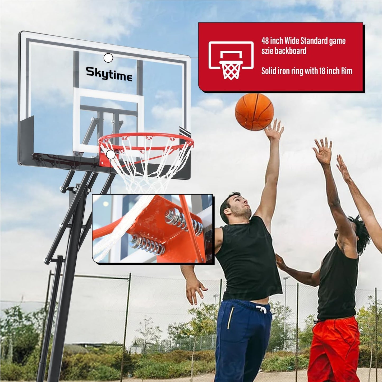 Basketball Hoop 44&48 Inch Backboard Portable Basketball Hoop Outdoor,5.3-10ft Stepless Regulation Crank Adjust Basketball Goal System